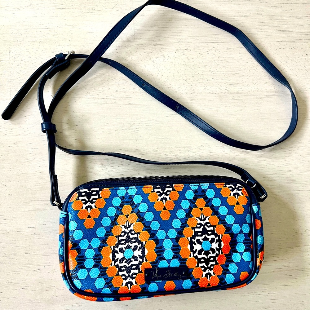 Vera Bradley Marrakesh Pattern Small Crossbody Zip 3 Pocket Blue Orange 9x5x2